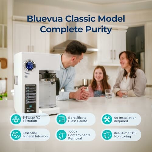 Family in kitchen with Bluevua water purifier and features listed