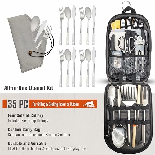 35-piece all-in-one utensil kit with carry bag for grilling and cooking.
