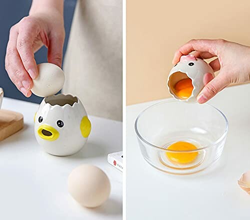 A ceramic chick-shaped egg separator in use