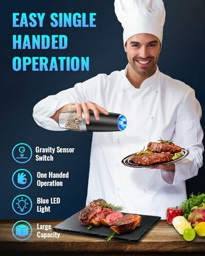 Chef demonstrating easy single-handed operation of an electric pepper grinder over a plate of steak.