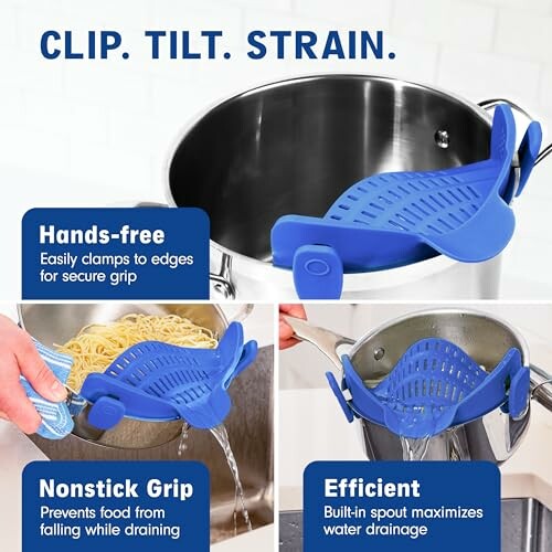 Blue clip-on strainer attached to pot for hands-free draining.