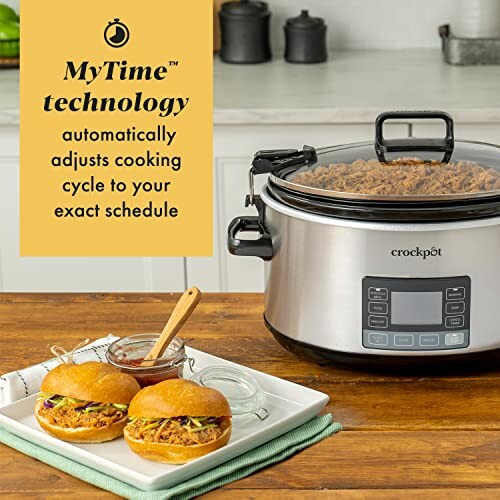 Crockpot with MyTime technology beside pulled pork sandwiches.