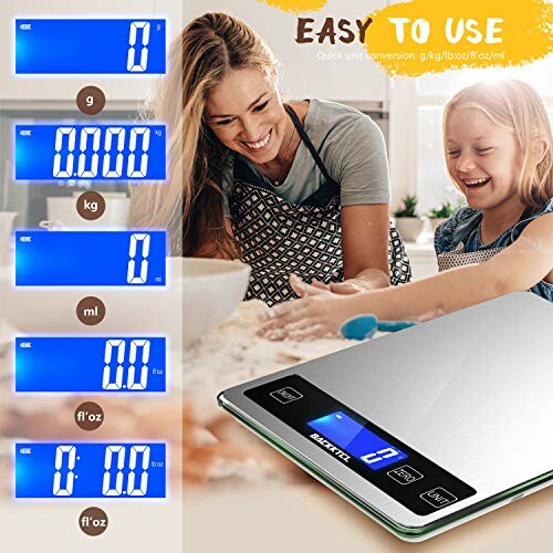 Digital kitchen scale with conversion units and family cooking.