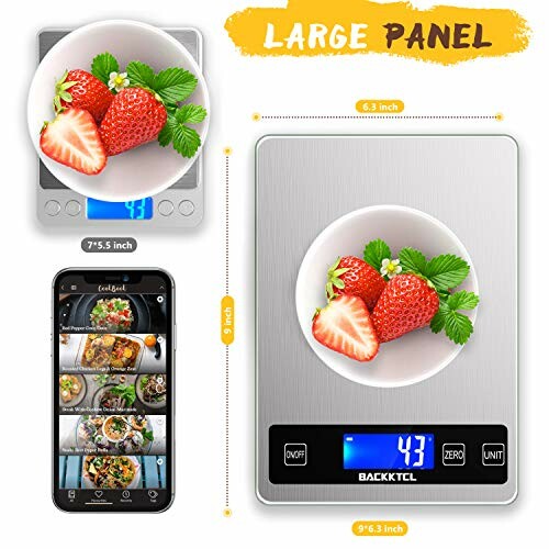 Digital kitchen scale with strawberries on a bowl, large panel display.