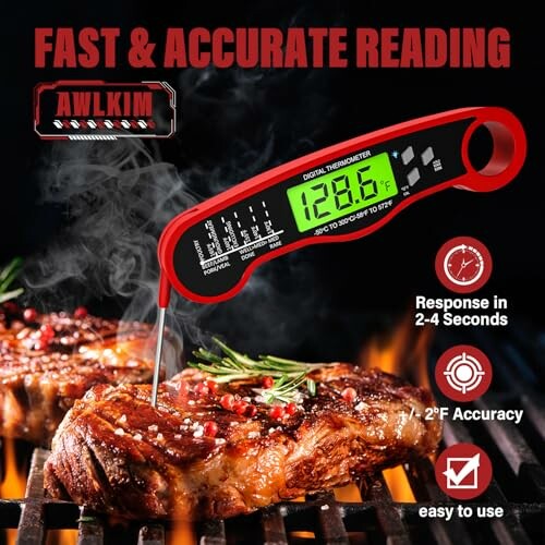 Digital thermometer measuring steak temperature on grill.