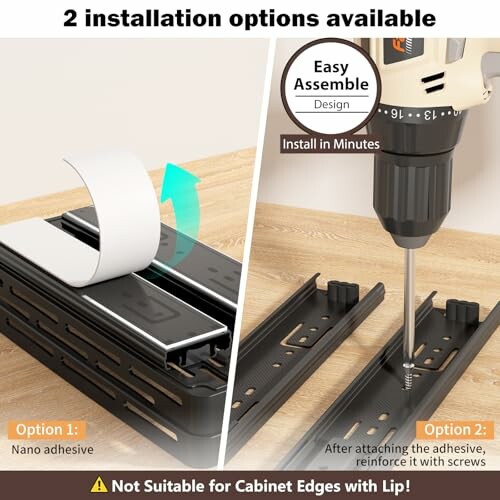 Illustration of two drawer slide installation options: adhesive and screw method.