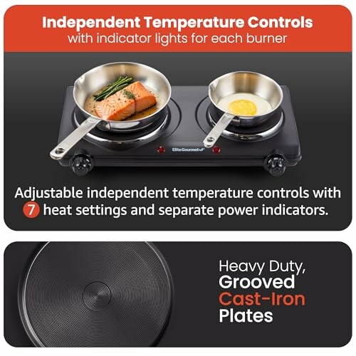 Dual burner electric cooktop with pans featuring salmon and egg, independent controls, and cast-iron plates.