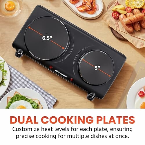 Dual cooking plates with breakfast foods around.