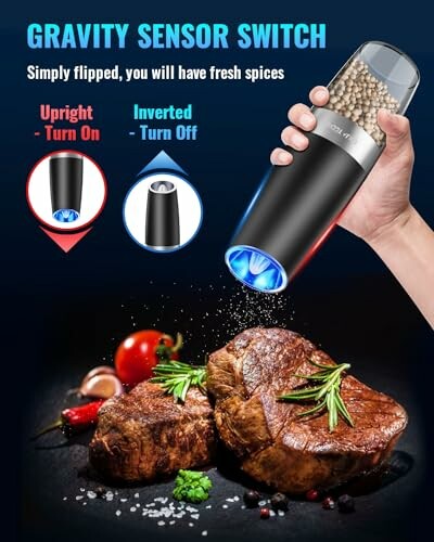 Electric spice grinder with gravity sensor switch over steaks.