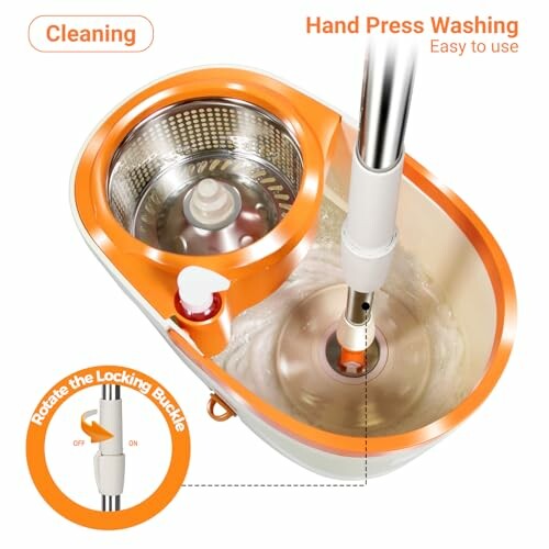Hand press washing system with rotating locking bucket.