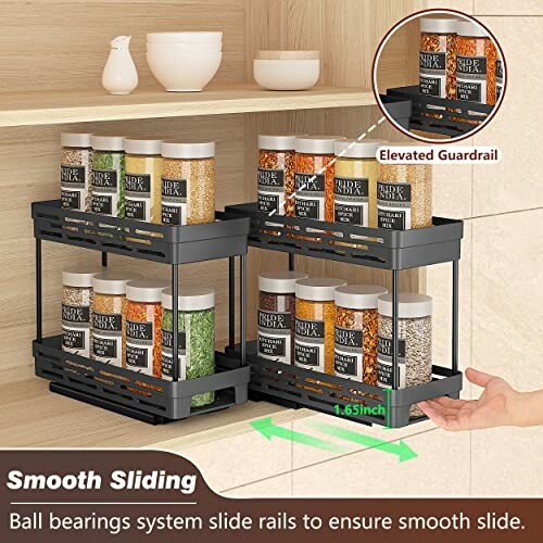 Spice rack organizer with smooth sliding system and elevated guardrail.
