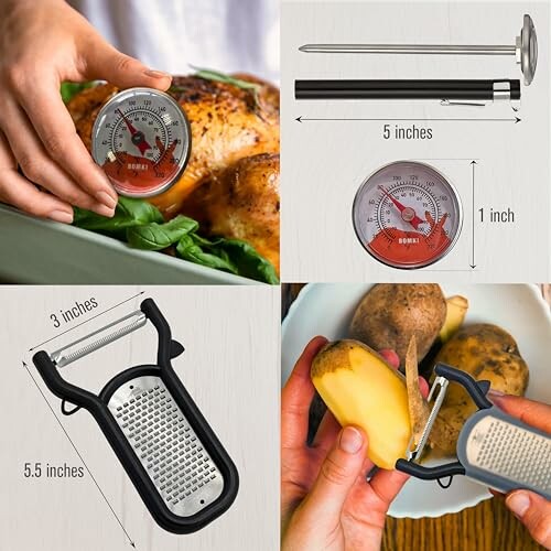 Collage of a meat thermometer and a vegetable peeler in use.