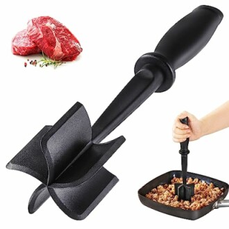 Meat chopper tool with beef and hand using tool in pan