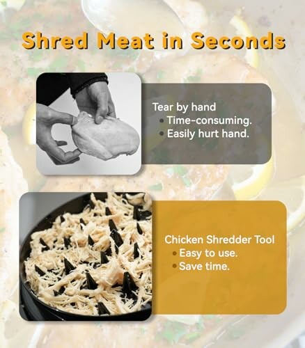 Comparison of hand tearing meat and using a chicken shredder tool. Hand tearing is time-consuming and can hurt, while the shredder tool is easy and saves time.