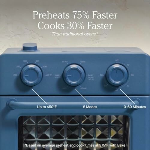 Close-up of blue oven controls with speed and mode features.