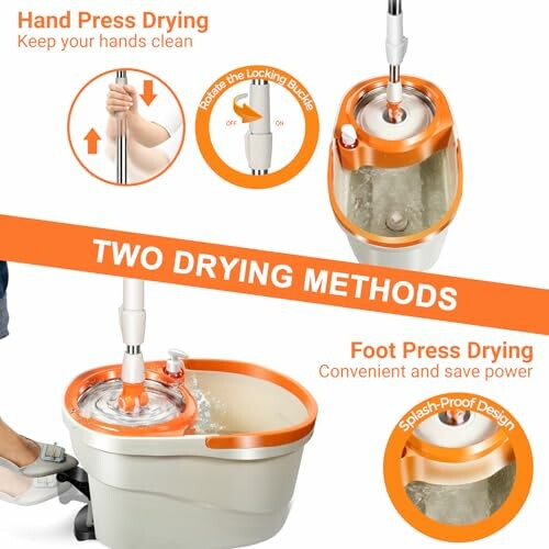 Mop bucket with hand and foot press drying methods.