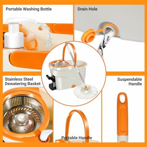 Orange and white spin mop set with features highlighted, including a portable washing bottle, drain hole, stainless steel dewatering basket, and suspendable handle.