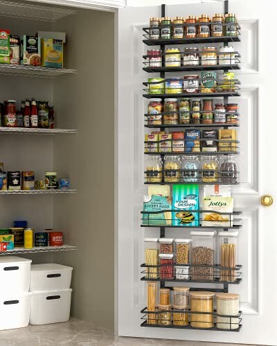 Over-the-door pantry organizer with various food items.