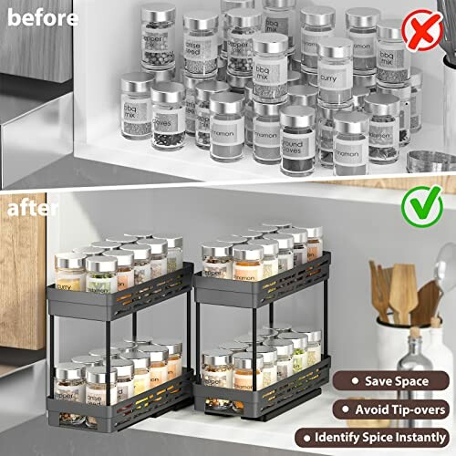 Comparison of spice organization before and after using a spice rack.
