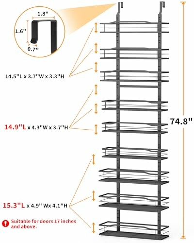 Over-the-door storage rack with dimensions and features.