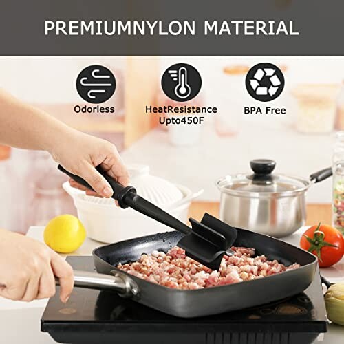 Person using nylon utensil to cook meat in a pan.