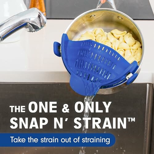 Snap N Strain kitchen tool used to strain pasta.