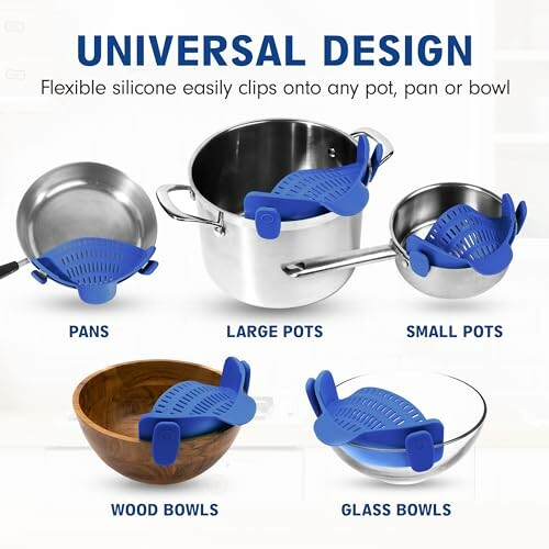 Blue silicone strainers clipped onto various pots and bowls.